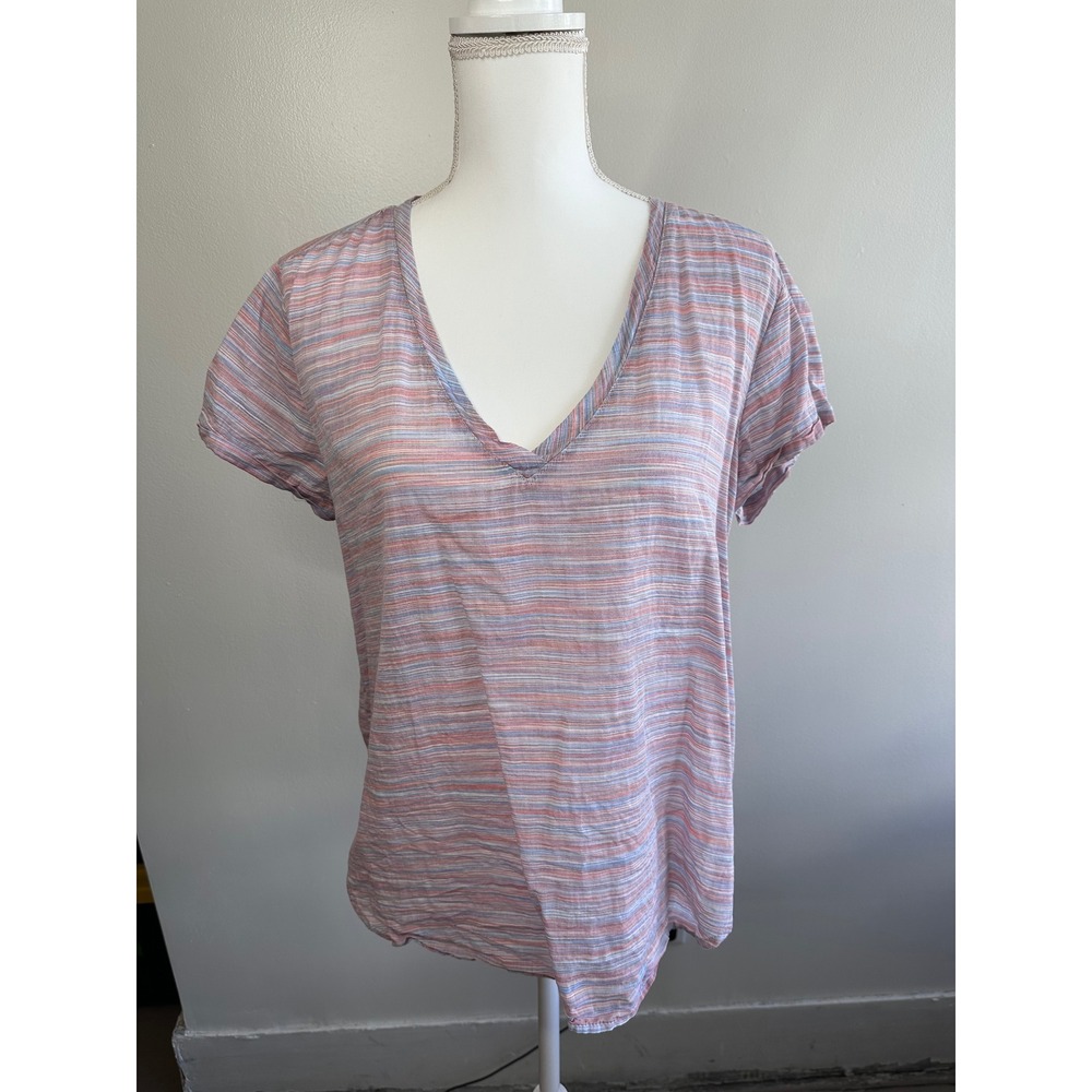 Cloth & Stone Womens Large Striped V-Neck Short Sleeve Cotton Top C2960-059